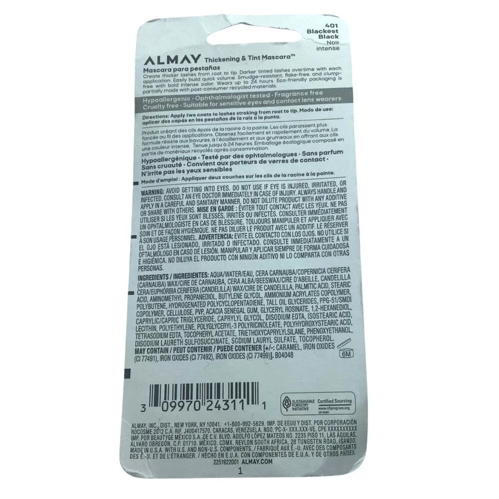 Almay Thickening & Tint Mascara 401 Blackest Black Hypoallergenic Sensitive Eyes